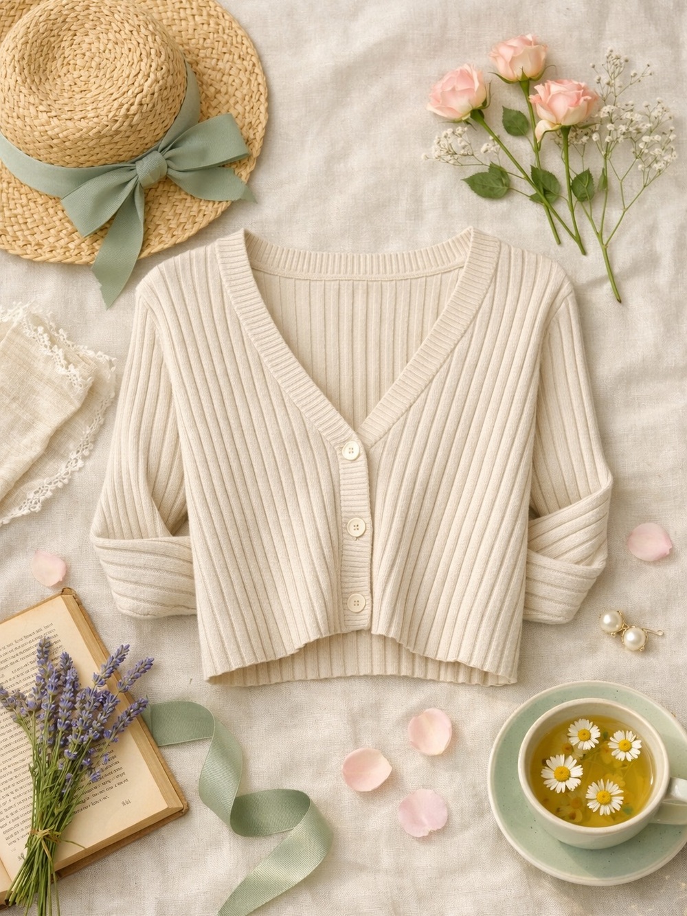 aerie Cream Ribbed V-Neck Buttoned Cropped Cardigan